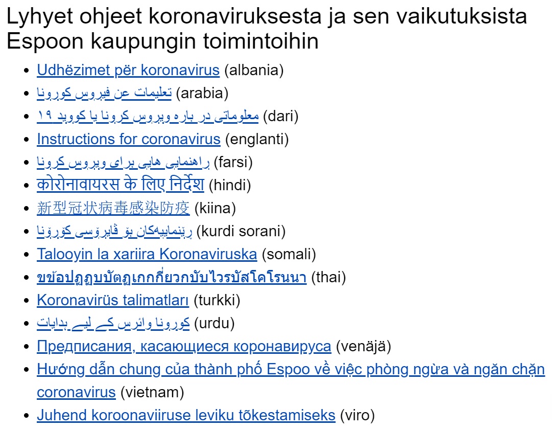 Espoon kaupungin koronaohjeet